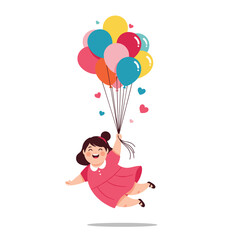 Cheerful little girl with a big smile in a pink dress floats effortlessly, lifted by a vibrant cluster of balloons and whimsical hearts.