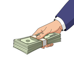 A person's hand, dressed in a business suit, is extending a large stack of banded hundred-dollar bills, symbolizing a financial transaction or payment.