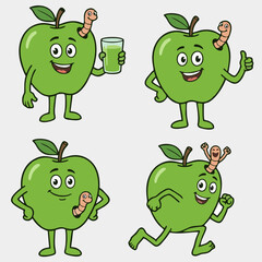 Cute Green Apple Cartoon Mascot Character Set with Worm Friend: Running, Drinking Juice, Thumbs Up, and Standing.