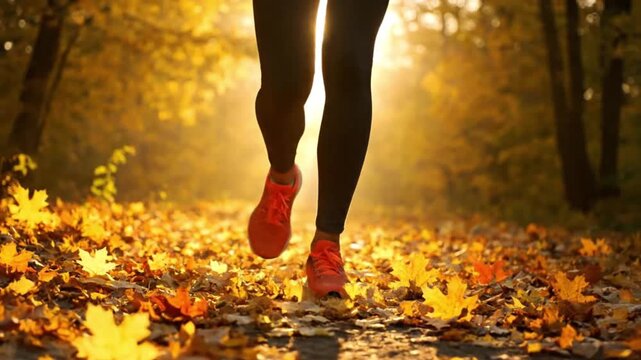Embracing an autumnal wellness routine with a morning jog, a female runner's legs move swiftly on a path covered in vibrant fall foliage