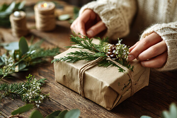 Cozy hands decorate a festive gift with rustic twine and evergreen sprigs on a wooden table, perfect for holiday celebrations and warm sentiments