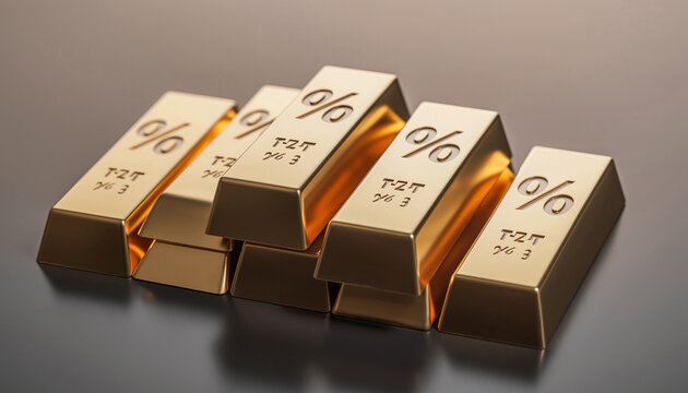 Five gold bars with percentage symbols, representing financial growth, investment, and wealth accumulation against a dark background.