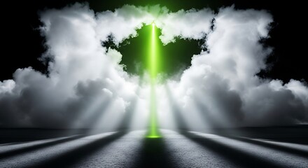 Mystical green beam piercing through dramatic clouds with light rays
