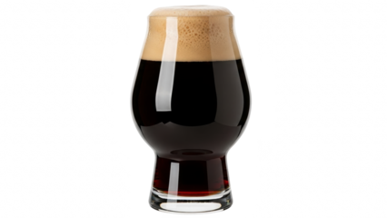 Dark stout beer in a tulip glass with frothy head