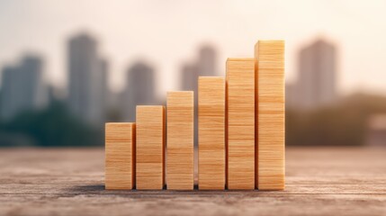 A wooden bar chart representing growth, set against a blurred urban backdrop, symbolizing progress and development in business or finance.