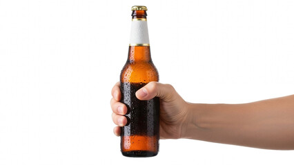 Hand holding a cold amber beer bottle with a black label isolated on black
