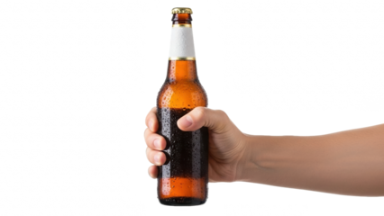 Hand holding a cold amber beer bottle with a black label isolated on black