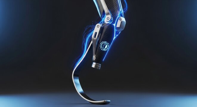 A futuristic prosthetic leg with glowing blue energy emanating from it.