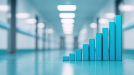 A blurred hallway with a growing blue bar graph in the foreground, symbolizing progress and data visualization in a modern environment.