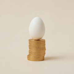 Fragile Economy Concept Pristine Egg Balanced on Stack of Shiny Gold Coins, High-Resolution Commercial