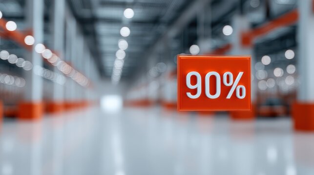 A vibrant warehouse scene with a prominent 90% displayed, indicating progress or completion, surrounded by a blurred industrial background.