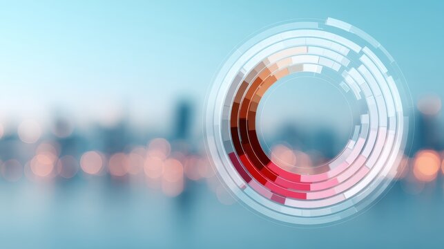 A circular data visualization graphic in soft colors overlays a blurred cityscape, suggesting themes of technology and analytics. - Powered by Adobe
