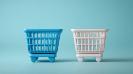 Two miniature shopping carts, one blue and one white, sit against a soft turquoise background, symbolizing retail and consumerism.