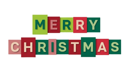 Festive merry christmas greeting spelled out in colorful retro style blocks against a stark black background for holiday celebrations
