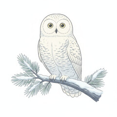 Serene snowy owl, captivating arctic bird, calmly perches snow covered winter branch. Watchful eyes express tranquil, peaceful demeanor amidst quiet nature and crisp cold environment