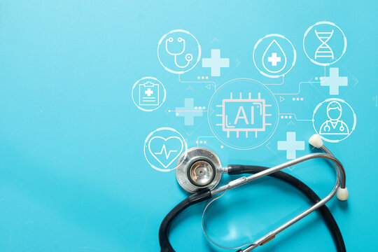 Medical stethoscope with digital AI and healthcare icons, representing smart medicine, artificial intelligence technology, and future diagnosis concept on blue background with copyspace.