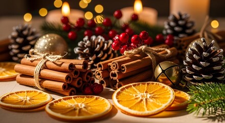 Festive holiday arrangement featuring cinnamon sticks, pine cones, and orange slices, with lit candles.