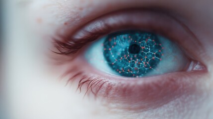A close-up of an eye with intricate digital patterns and molecular structures reflected in the iris, symbolizing technology and biology.