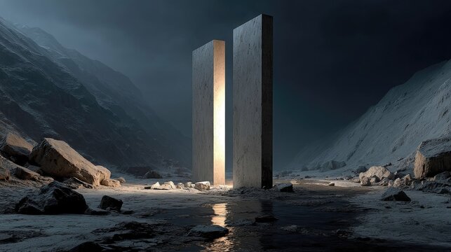 Monoliths Illuminated in Mountainous Landscape