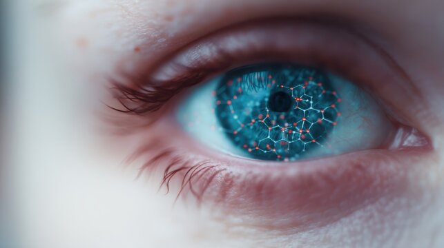 A close-up of an eye with intricate digital patterns and molecular structures reflected in the iris, symbolizing technology and biology.