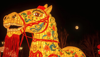 Magical Lunar New Year Illumination Glowing Horse Lantern Under a Radiant Full Moon for Marketing, Advertising, and Festive Design