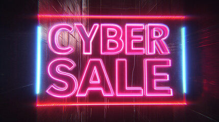 Obraz premium Cyber sale sign with bright neon lights in urban setting