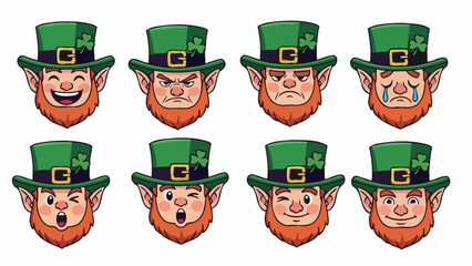 Collection of Cartoon Leprechaun Faces with Various Emotions for St