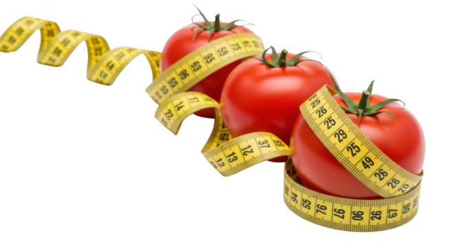 Three ripe tomatoes wrapped with yellow measuring tape, concept of healthy diet and weight loss isolated on transparent background