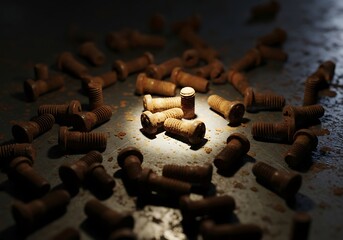 Rustic Bolts Arrangement on a Metallic Surface with Dramatic Lighting