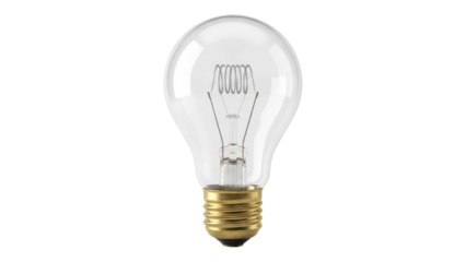 Clear incandescent light bulb glowing with innovation and bright ideas isolated on transparent background