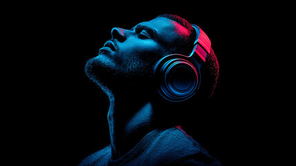 Man listens to music with headphones in dark setting
