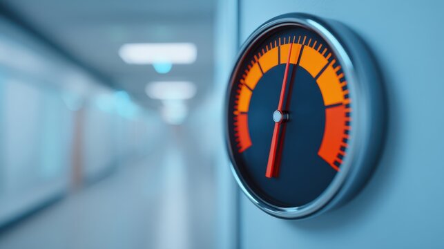 A close-up of a gauge displaying a high reading, indicating pressure or performance, set against a blurred background.