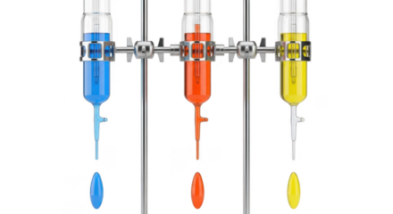 Three colorful liquidfilled laboratory test tubes hanging on a metal stand isolated on transparent background
