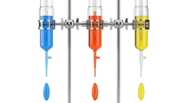 Three colorful liquidfilled laboratory test tubes hanging on a metal stand isolated on transparent background