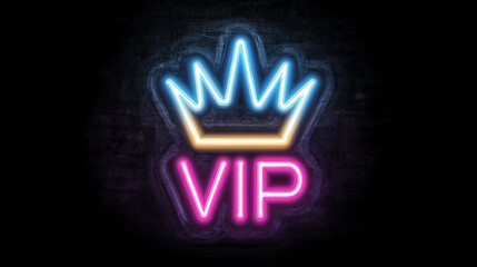 Neon sign shows VIP crown design in vibrant colors and dark background