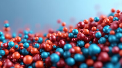 A vibrant close-up of red and blue spheres, representing molecular structures or particles, creating a dynamic, abstract composition.