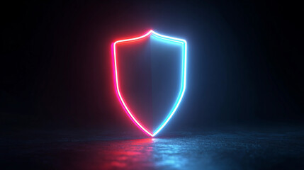 Neon shield glowing in a dark space with blue and red lights