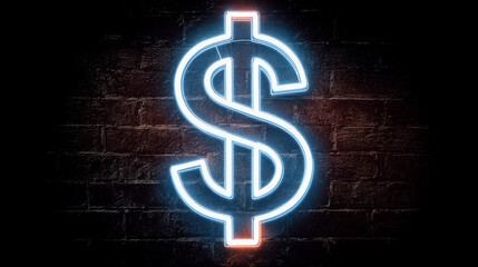 Neon dollar sign glowing on a dark wall