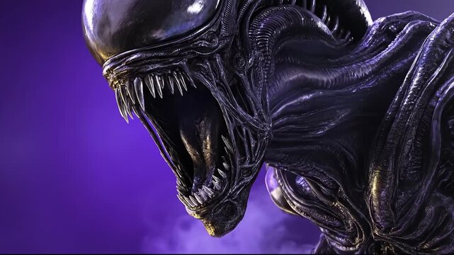 Detailed close-up of an Alien Xenomorph with sharp teeth and a sleek, dark exoskeleton.