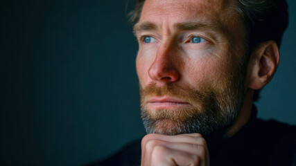 Pensive man thinking person male with blue eyes closeup portrait in moody light calm expression mature face beard detail hand under chin introspective mood studio backdrop