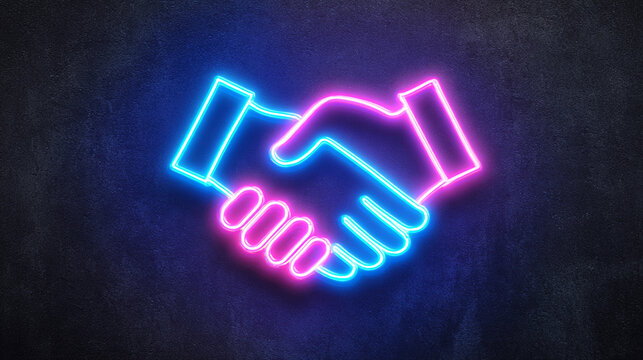 Hands are shaking in neon light on dark background