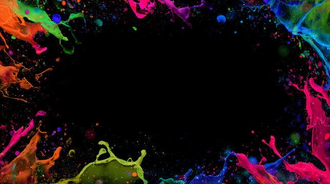 Vivid paint splashes on a dark background create art