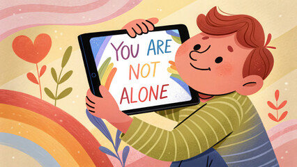 Cartoon illustration of a smiling child holding a tablet displaying "YOU ARE NOT ALONE" in rainbow colors, surrounded by hearts and flowers. Great for mental health, community, and support blogs/sites