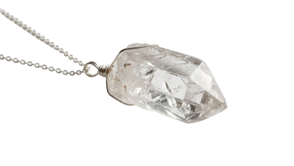 Clear natural quartz crystal pendant on delicate silver chain isolated on transparent background luxury spiritual jewelry concept