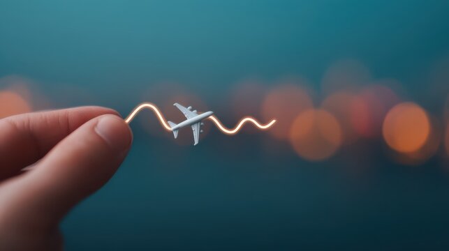 A hand holds a miniature airplane above a wavy line of light against a blurred background, capturing a whimsical travel concept.