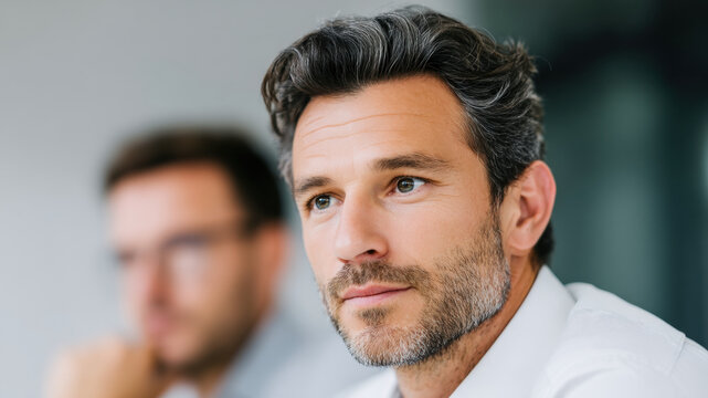 Man thinking person male with salt and pepper hair in soft office light, focused gaze and calm expression suggests contemplation and strategy in modern workplace scene