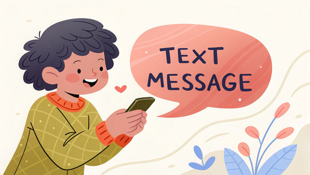 A cheerful, stylized illustration of a child happily sending a text message on a smartphone, with a large "TEXT MESSAGE" speech bubble. Use for communication, kids, social media, or education blogs