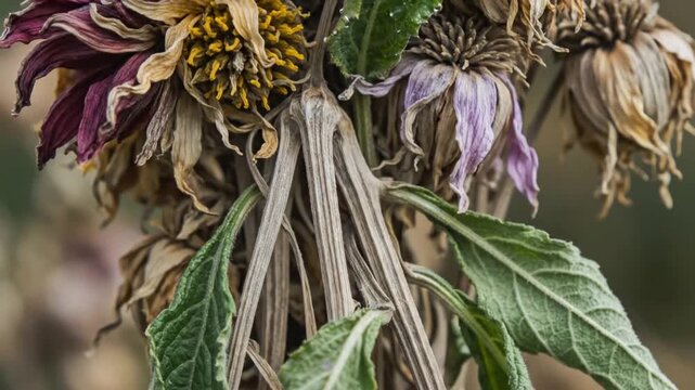 Observing Withered Flowers: Cinematic Macro Shot of Dying Blooms in Garden