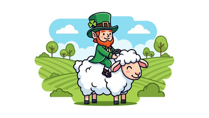 Cheerful Leprechaun Riding a Fluffy Sheep on St