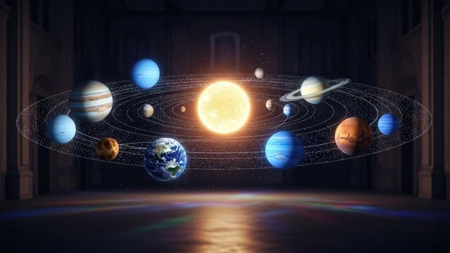 Digital solar system model displayed in a dark room